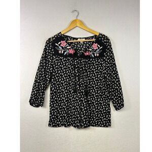Style & Co Black Floral Embroidered Tassel‎ Boho Peasant Top Women's Medium